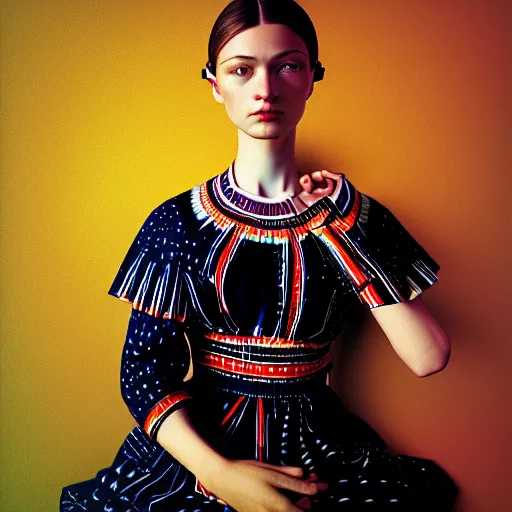 Prompt: hyperrealism photography in caravaggio style quntum computer simulation visualisation of parallel universe sit - com scene with beautiful detailed ukrainian woman wearing ukrainian traditional shirt and wearing retrofuturistic sci - fi neural interface designed by josan gonzalez. hyperrealism photo on pentax 6 7 by giorgio de chirico volumetric natural light - s 1 0 0