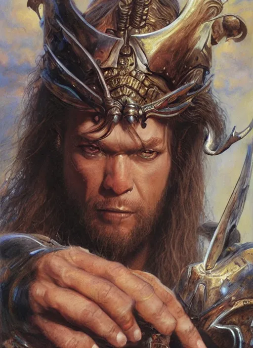 Prompt: a hyperrealistic and detailed paintbrush portrait of a male fantasy character, art by donato giancola and bayard wu and gustav moreau and wayne barlowe, rpg portrait, conan, krull, 8 0's fantasy movies