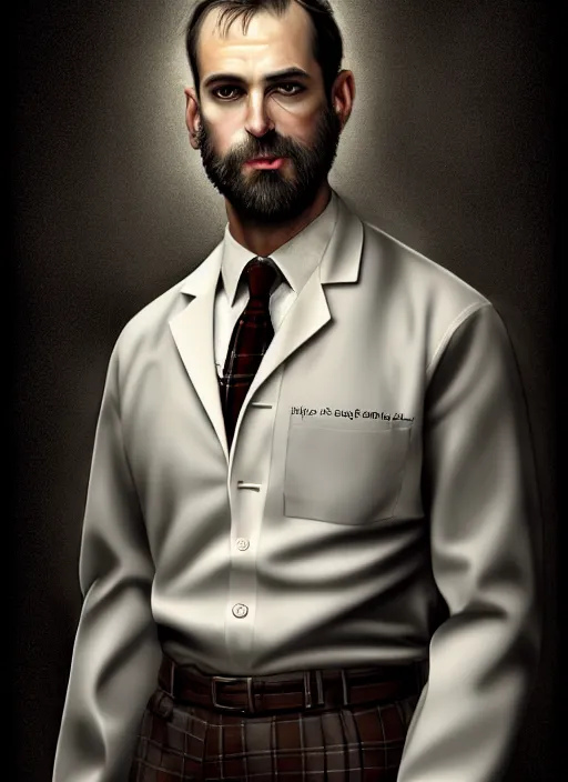 Image similar to male surgeon, brown hair, khakis, plaid shirt, gothic, moody, noir, diffuse lighting, fantasy, intricate, elegant, highly detailed, lifelike, photorealistic, digital painting, artstation, illustration, concept art, smooth, sharp focus, art by John Collier and Albert Aublet and James jean and Brian froud and ross tran and Artem Demura and Alphonse Mucha