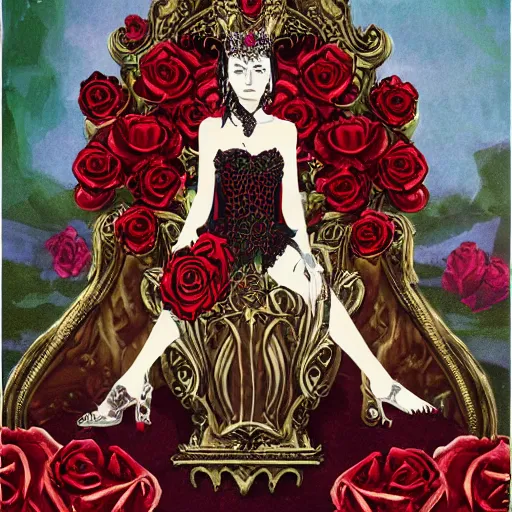 Image similar to vampire queen on treasure throne with roses and holes and gemstones