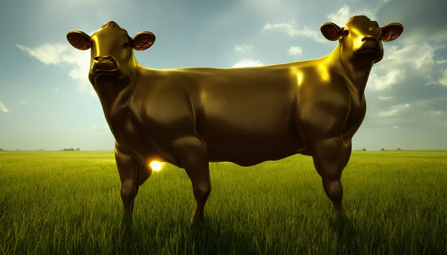 Image similar to golden cow in a green field, sunny day, reflections, wood, volumetric light, hyperdetailed, artstation, cgsociety, 8 k