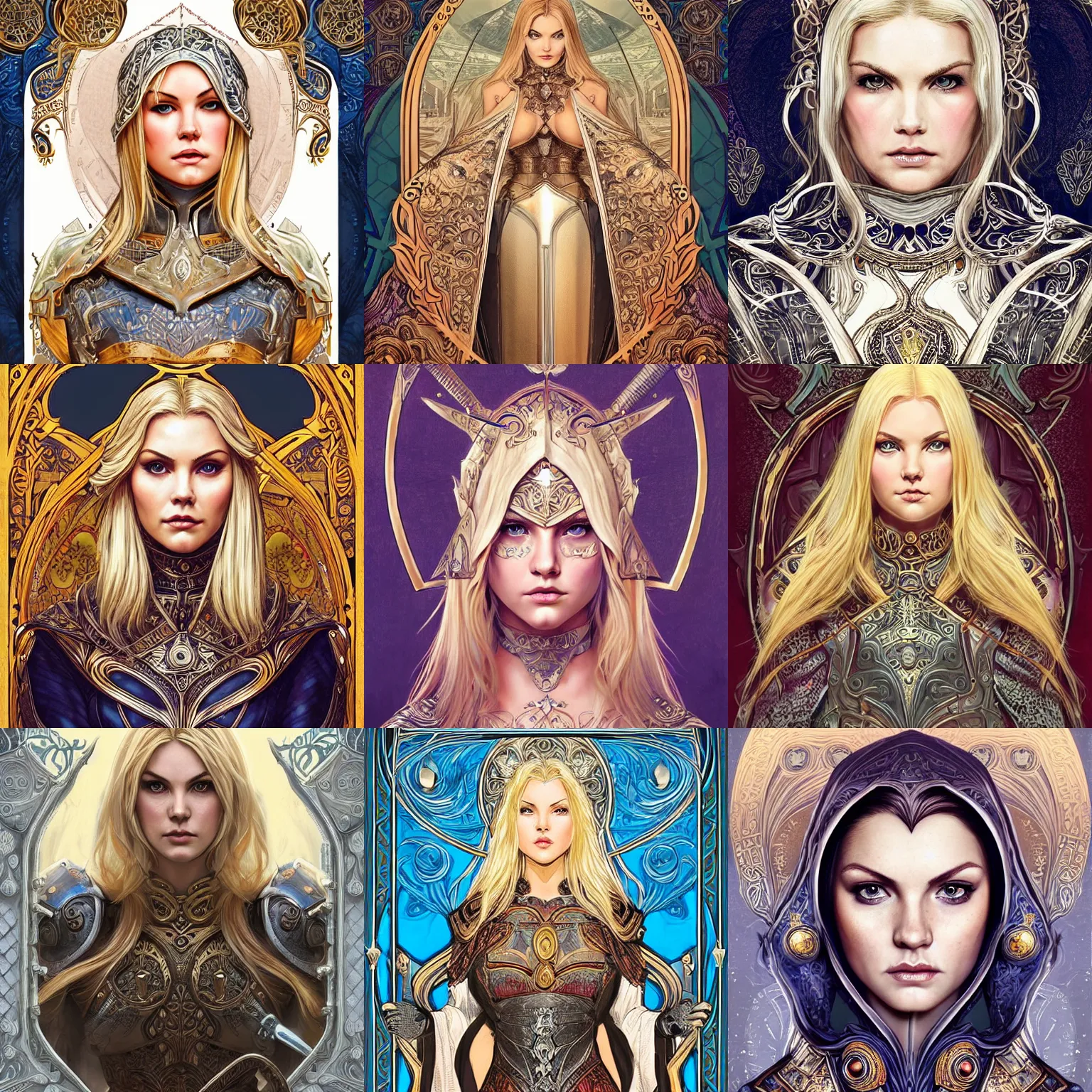 Image similar to head-on symmetrical centered painted portrait, Elisha Cuthbert as a paladin, blonde hair, ornate iron armour, art nouveau, tarot card style, medieval robes, fantasy, intricate, elegant, highly detailed, smooth, sharp focus, illustration, artstation, in the style of Artgerm and Anna Podedworna and Alex Ross and Mucha