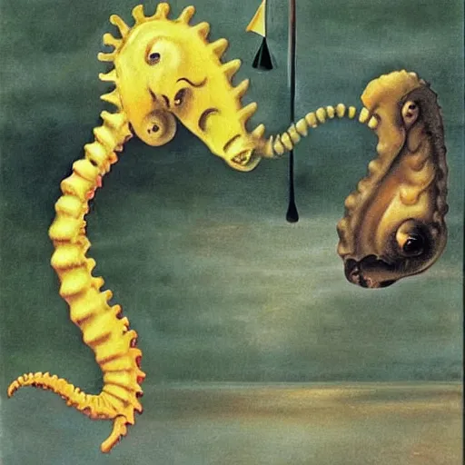 Prompt: A pair of long-snouted seahorses and a floating egg, oil painting by Salvador Dali.