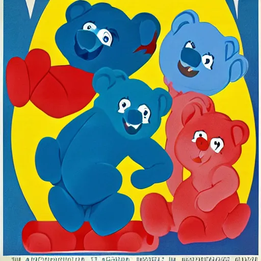 Image similar to the care bears as a military junta soviet propaganda poster