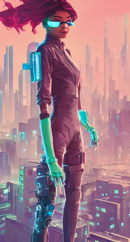 Image similar to zendaya as a cyberpunk hero standing on the rooftop of cybertown, art poster, full body, t - pose, character design, ambient lighting, 4 k, lois van baarle, ilya kuvshinov, rossdraws, alphonse mucha, jung gi kim, dylan kowalsk, artstation