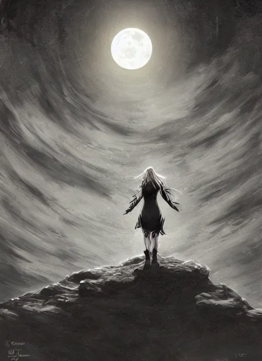 Prompt: at the top: symmetrical centered portrait of Anna Millerstone as a Dark evil witch, big moon in the background, at the bottom: empty space, dramatic lighting, book cover illustration by Greg rutkowski, yoji shinkawa, 4k, digital art, concept art, trending on artstation, golden silver elements, empty grey space at the top, flower elements