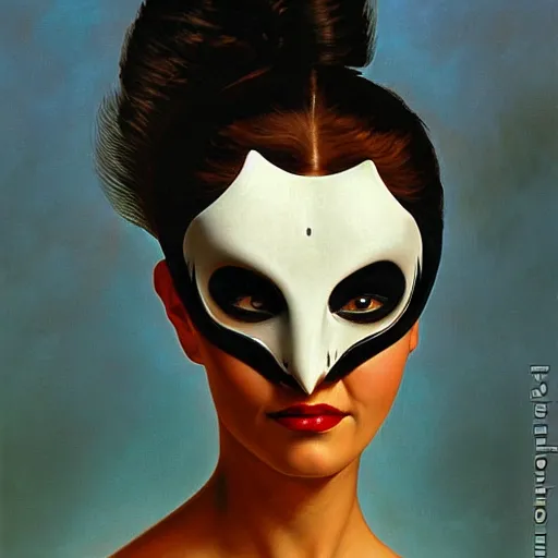 Prompt: portrait of a woman with a white plastic theater mask, by gerald brom