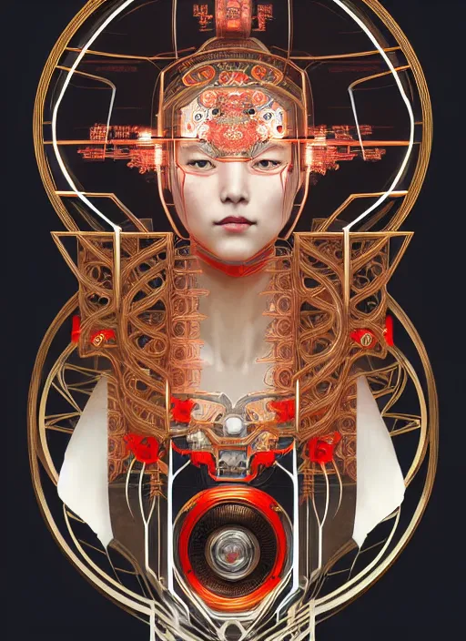 Image similar to symmetry!! portrait of a machine robot, machine face, decorated with chinese opera motifs, intricate, elegant, highly detailed, digital painting, artstation, concept art, smooth, sharp focus, illustration, art by artgerm and greg rutkowski and alphonse mucha, 8 k