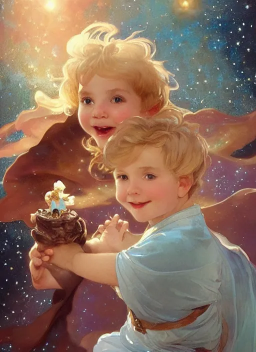 Image similar to a cute little boy with a round cherubic face, blue eyes, and tousled blonde hair smiles as he floats in space with stars all around him. She is wearing a turquoise outfit. Beautiful painting by Artgerm and Greg Rutkowski and Alphonse Mucha