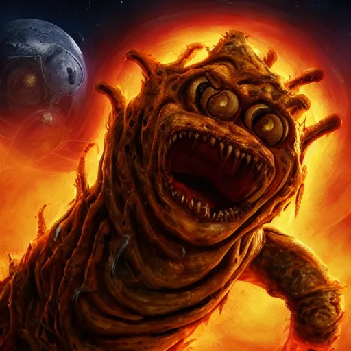 Image similar to eldritch horror bloody garfield in space, hd, 8 k, giant, epic, realistic photo, unreal engine, stars, prophecy, powerful, cinematic lighting, destroyed planet, debris, violent, sinister, ray tracing, dynamic, epic composition, dark, horrific, teeth, grotesque, monochrome drawing, hellscape