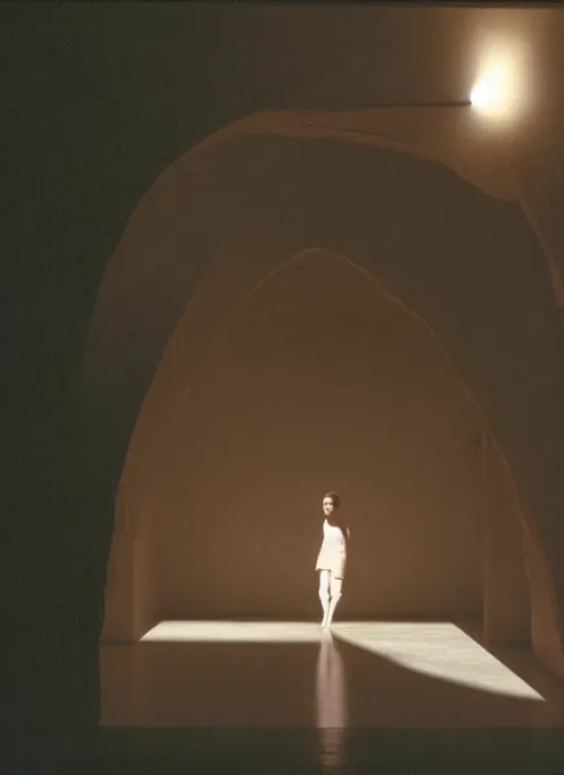 Prompt: a bright silhouette hovers above the ground inside of a hall. liminal, cozy, set design by alessandra querzola ( 1 9 8 8 )