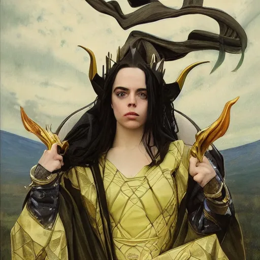 Image similar to Billie Eilish as Loki, Goddess of Mischief, oil on canvas, noir, trending on artstation, by J. C. Leyendecker and Edmund Blair Leighton and Charlie