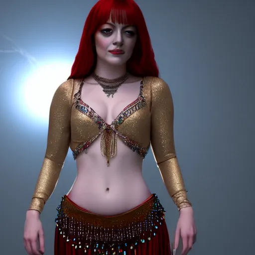 Image similar to a photorealistic portrait of actress emma stone dressed as a belly dancer, arabian night, volumetric lightening, octane render, high quality, fully detailed, 4 k, in focus sharp face with fine details, her hands by albrecht durer, inspired by belly dancer on youtube, alphonse mucha, masterpiece, stunning