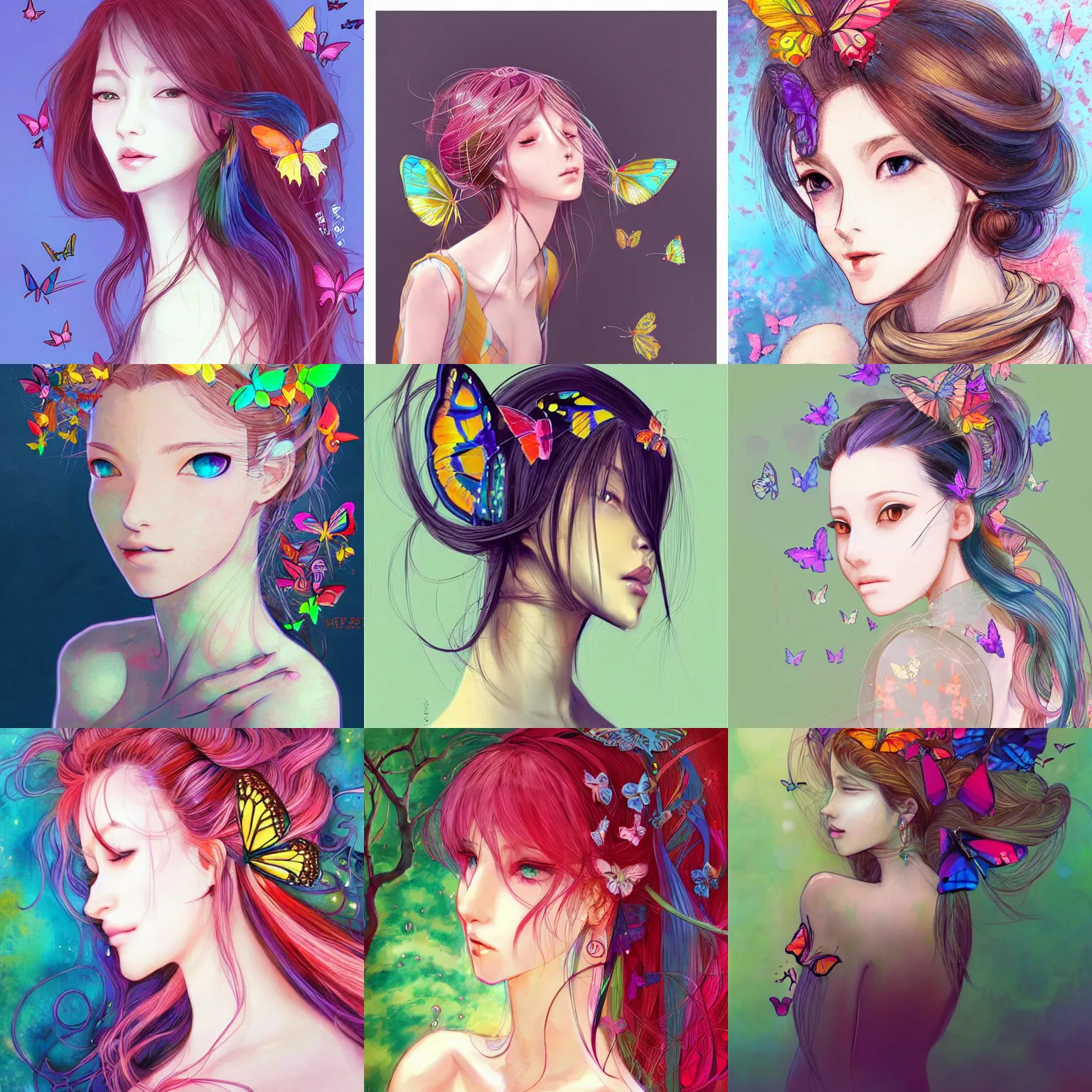 Prompt: A beautiful side portrait illustration of a woman. Colorful butterflies emerge from her hair, covering almost all of her head. Art by Yoshitaka Amano, trending on Artstation.