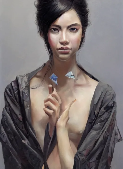 Image similar to a professional painting of a beautiful young female, wearing an origami kimono, olive skin, long dark hair, beautiful bone structure, symmetrical facial features, intricate, elegant, digital painting, concept art, smooth, sharp focus, illustration, from Metal Gear, by Ruan Jia and Mandy Jurgens and Artgerm and William-Adolphe Bouguerea