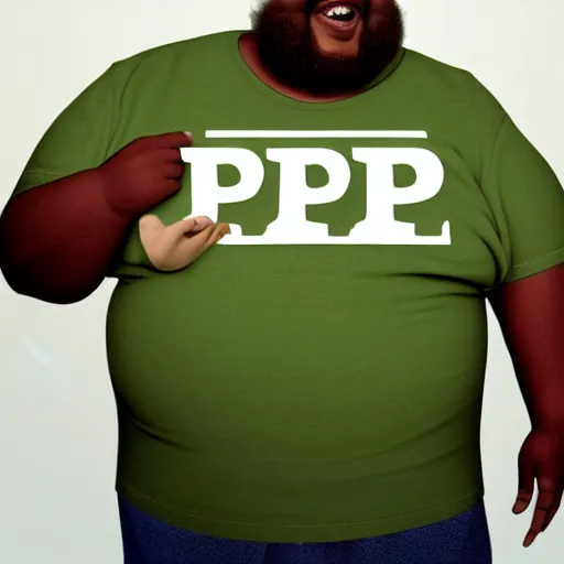 Prompt: very obese man with a t-shirt and a cap with the letter P, dedicating a book