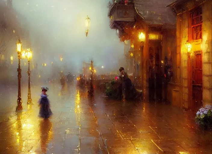 Image similar to errie victorian misty raining night alley by wlop and vladimir volegov and alexander averin and delphin enjolras and daniel f. gerhartz