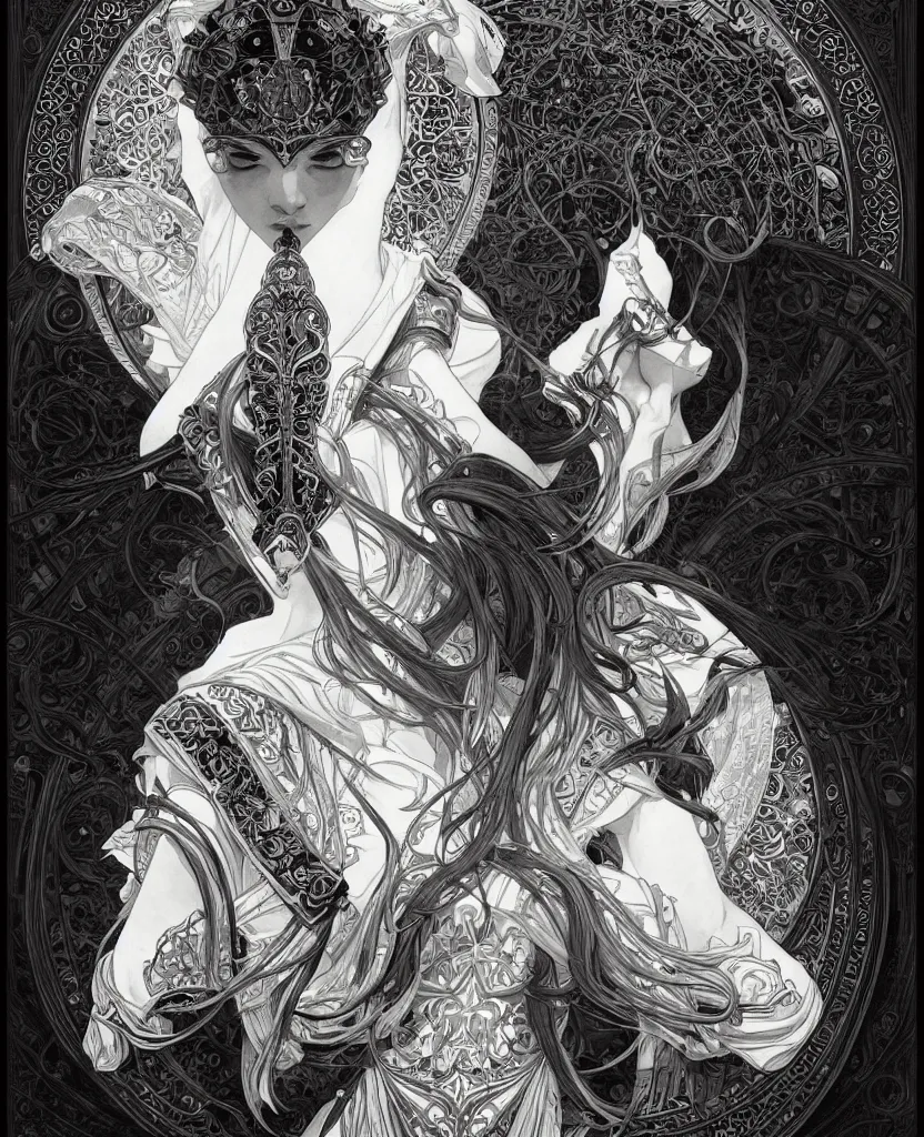 Image similar to black and white illustration of mystical geometrical alchemical black sacred symbols, deep focus, intricate, elegant, highly detailed, pen and ink style, artstation, concept art, matte, sharp focus, art by artgerm and greg rutkowski and alphonse mucha