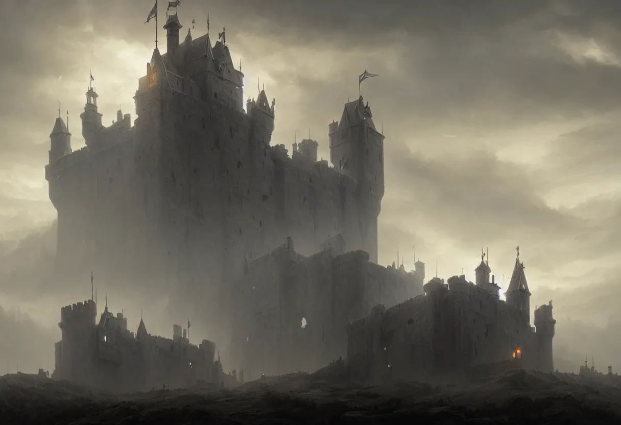 Image similar to castle with 3 0 years war, ultra high definition, ultra detailed, symmetry, fog, matte painting, by greg rutkowski and ross tran and wlop