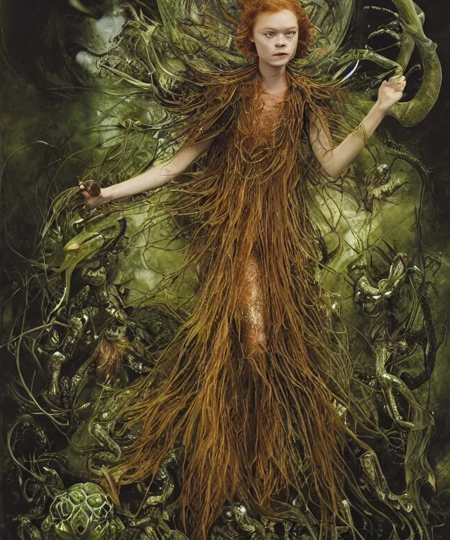 Prompt: a portrait photograph of a fierce sadie sink as an alien harpy queen with slimy amphibian skin. she is trying on black latex bulbous slimy organic membrane parasitic belts and transforming into an insectoid amphibian. by donato giancola, walton ford, ernst haeckel, brian froud, hr giger. 8 k, cgsociety