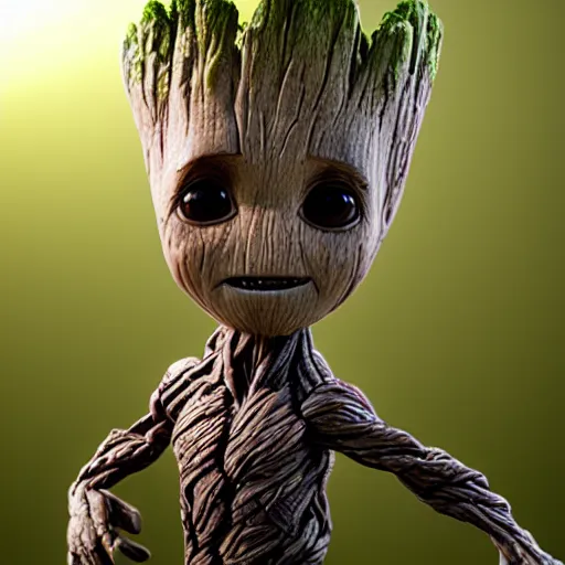 Image similar to baby groot by bill watterson. 3 d render.