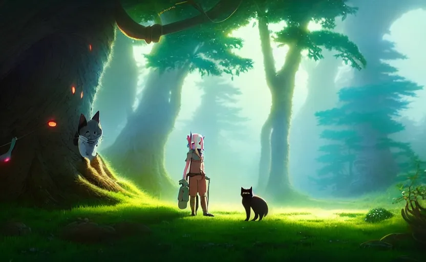 Image similar to a bounty hunter and her cat companion their woodland home in a fantasy studio ghibli animated film, d & d, fantasy concept art, global illumination, beautiful composition, volumetric lighting, octane render by christopher balaskas, highly detailed