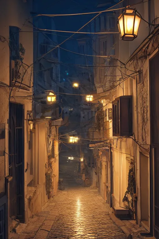 Image similar to a quiet street in istanbul at night lit by a single lantern designed by jony ive, raytracing, 8 k, octane render, volumetric, vivid, beautiful, hyperrealism