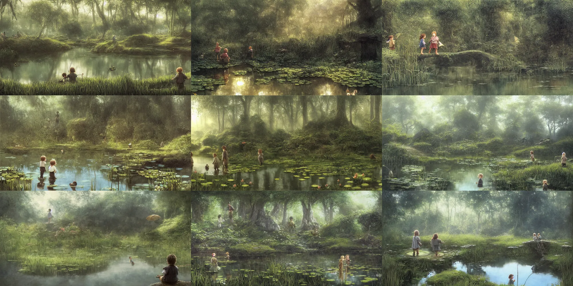 Prompt: two hobbit children go fishing in a mirror - like pond covered with lotus flowers!!, by alan lee, dark foggy forest background, sunlight filtering through the trees, fishing poles!, digital art, art station.