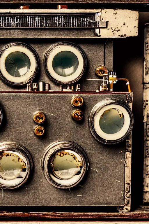 Prompt: A photo of a very old opened camera with vacuum tubes, capacitors and coils inside in the style of Wes Anderson, grungy, weathered Ultra detailed, hyper realistic, 4k