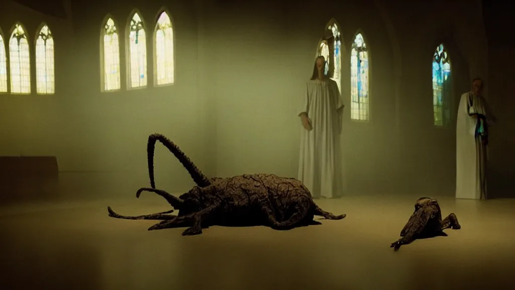 Image similar to the strange creature at church, made of wax and water, film still from the movie directed by Denis Villeneuve with art direction by Salvador Dalí, wide lens