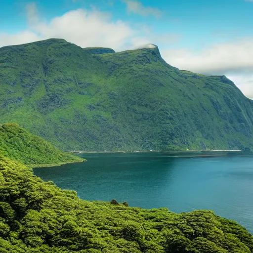 Prompt: high resolution camera capture of a a verdant large island with fjords and mountains