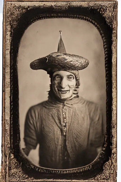 Image similar to a wet plate photo of a snake wearing a jester hat