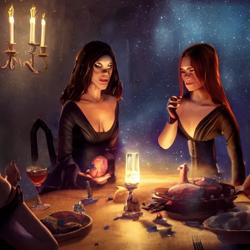 Image similar to dark witches doing a ritual at a table wide angle, fine details, cinematic. galaxy starscape. realistic shaded lighting by Ilya Kuvshinov Giuseppe Dangelico Pino and Michael Garmash and Rob Rey greg rutkowski, octane render, IAMAG premiere, aaaa achievement collection, elegant freckles, cinematic hologram, fabulous, daily deviation, 4k, 8k, annual award winner