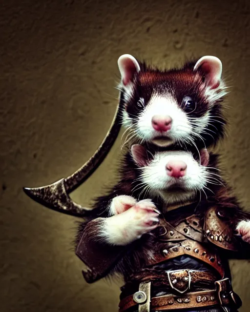 Image similar to ferret love warrior, furry, fantasy, viking, high detailed, hearts, photography, cloudy, lightweight leather armour, scandinavia, plain, detailed face, look into the distance, serious face, full body, in full growth, professional photographer, masterpiece, 5 0 mm, extremely detailed, digital art, middle ages, minimalism 8 k