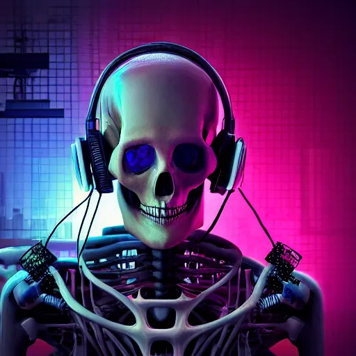 Image similar to cyberpunk skeleton with headphones playing synthesizer, smoky lights, lasers, highly detailed, realistic, dusty, technology and magic,