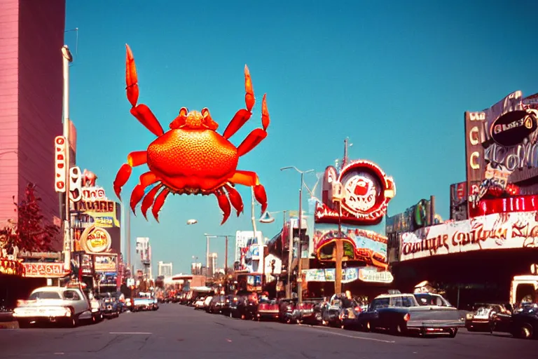 Image similar to 2 0 1 5 cute giant crab terrorizing a city, googie city, americana, fishcore, hd 8 k, photography cinestill