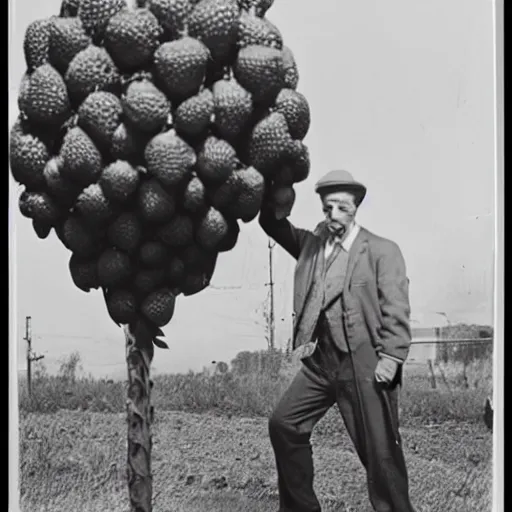 Prompt: vintage, black and white photograph of a man standing proudly next to a gigantic strawberry that is taller than he is