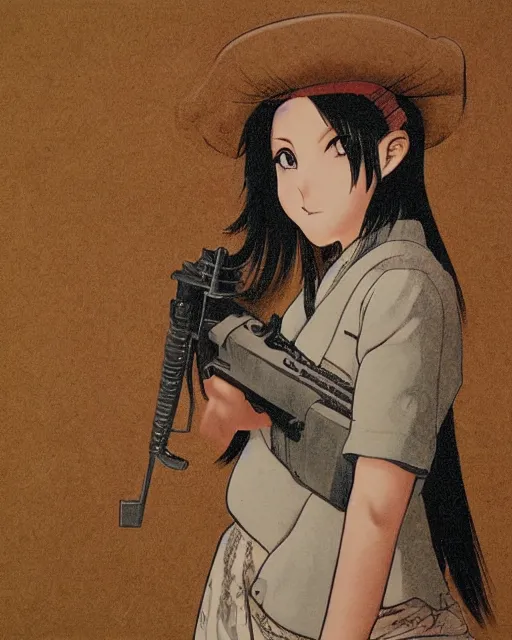 Image similar to portrait of a girl holding a pistol, detailed manga art panel, professional