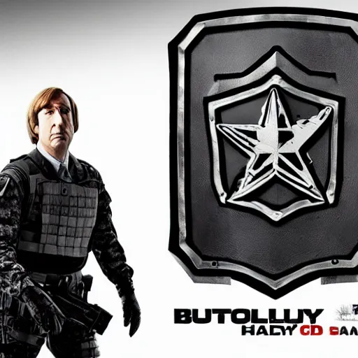 Image similar to Saul Goodman wearing heavy military gear and holding a bulletproof shield, highly detailed, 4k