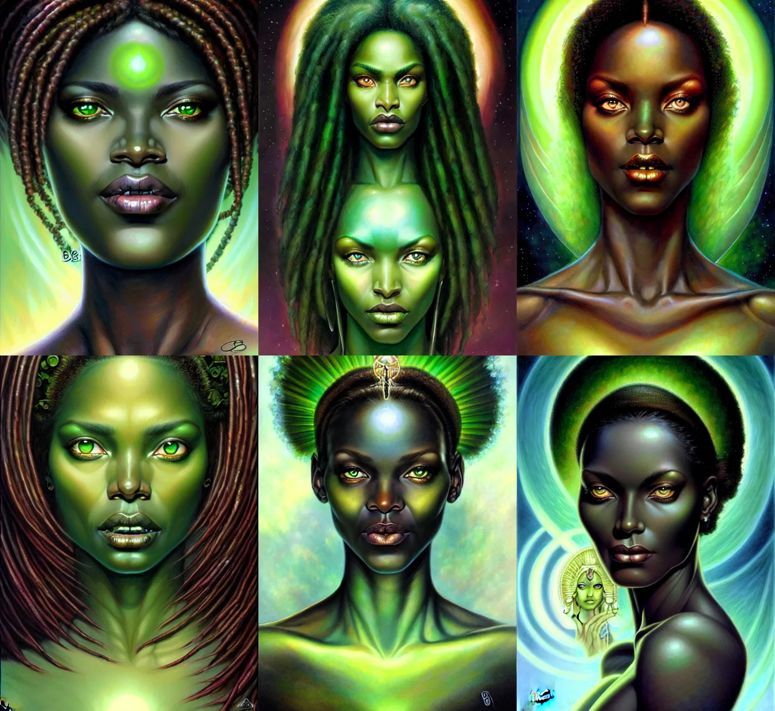 Prompt: stunning goddess of life portrait, dark skin and clear green eyes. realistic, symmetrical face. art by bowater charlie, mark brooks, julie bell, arian mark, tony sandoval