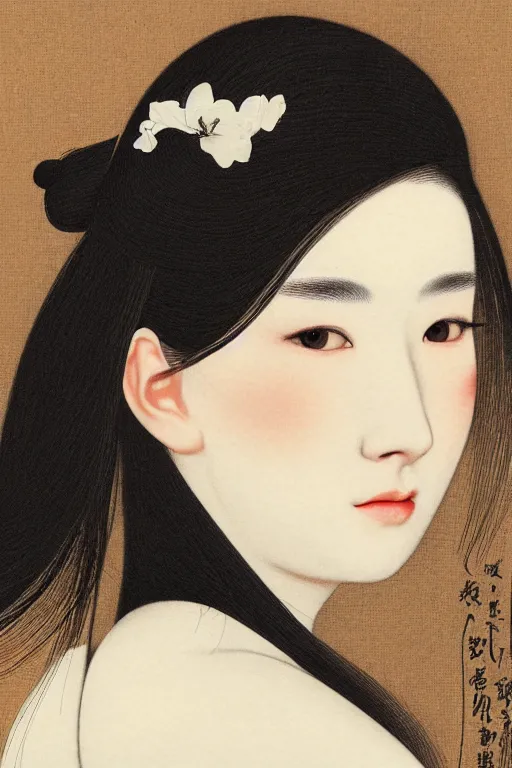 Prompt: picture portrait, young woman's face, long black hair, pale skin, digital render, super-detailed , by Uemura Shoen