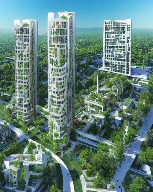 Image similar to a beautiful 3d renderings of buildings, architecture by Vincent Callebaut architecture. green architecture, 14mm, cinematic , high resolution 4k, cg architects, vray