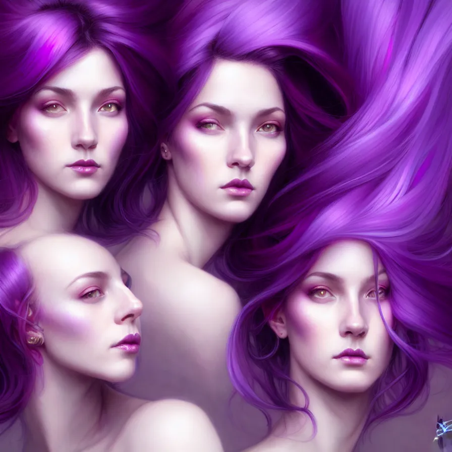 Image similar to Purple hair relistic Portrait of a two woman with bright colored flying hair, all shades of purple. Beauty face, Hair coloring, fantasy, intricate, elegant, highly detailed, digital painting, artstation, concept art, smooth, sharp focus, illustration, art by artgerm and greg rutkowski and alphonse mucha