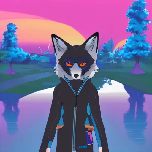 Image similar to key anime visual portrait of a blue anthropomorphic fox furry fursona wearing a bright hoodie, city park in the background at sunset, modern animation still, 4 k