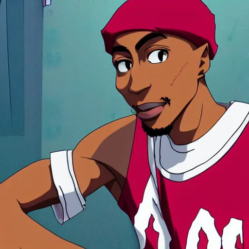 Image similar to Tupac Shakur, screenshot from a 2012s anime