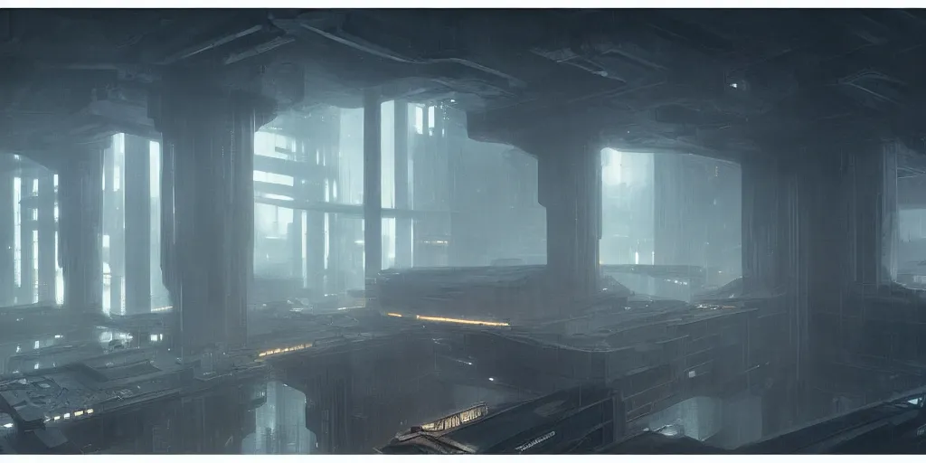 Image similar to brutal architecture science-fiction interior design, blade runner room, dimmed lights, matte painting, greg rutkowski, artstation