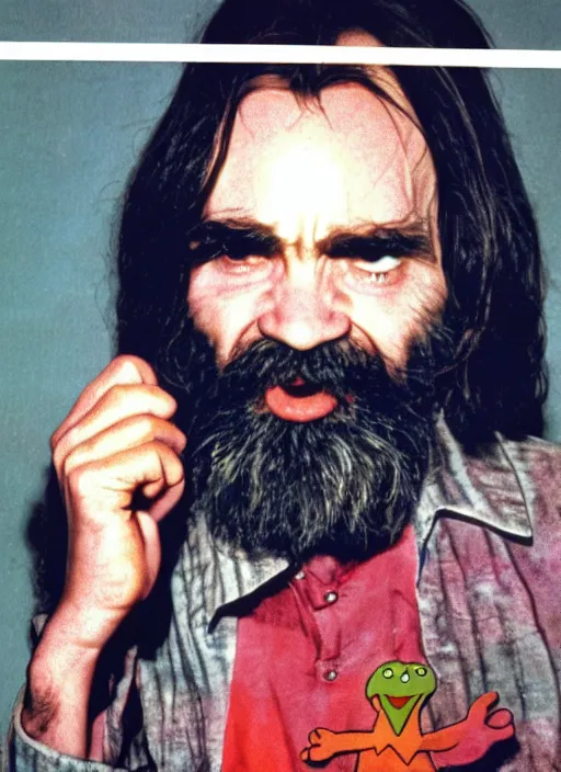 Image similar to vintage magazine advertisement depicting charles manson hosting the muppet show, cinestill grainy film, by alex grey