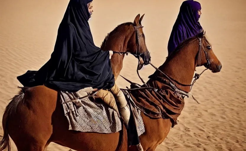 Image similar to beautiful burqa's woman, riding a horse!!! in saharan, sharp eyes, handling riffle on chest, shooting pose, perfect posture, dust, cinematic, dynamic pose, pinterest, center of interest, very perfect object, award winning photo by national geographic