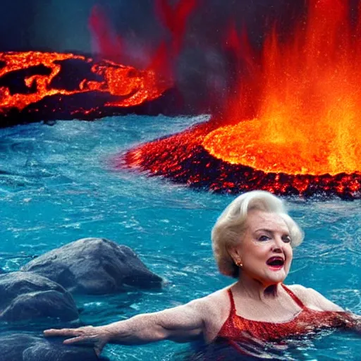 Image similar to stunning awe inspiring betty white swimming in lava with demons, movie still 8 k hdr atmospheric lighting