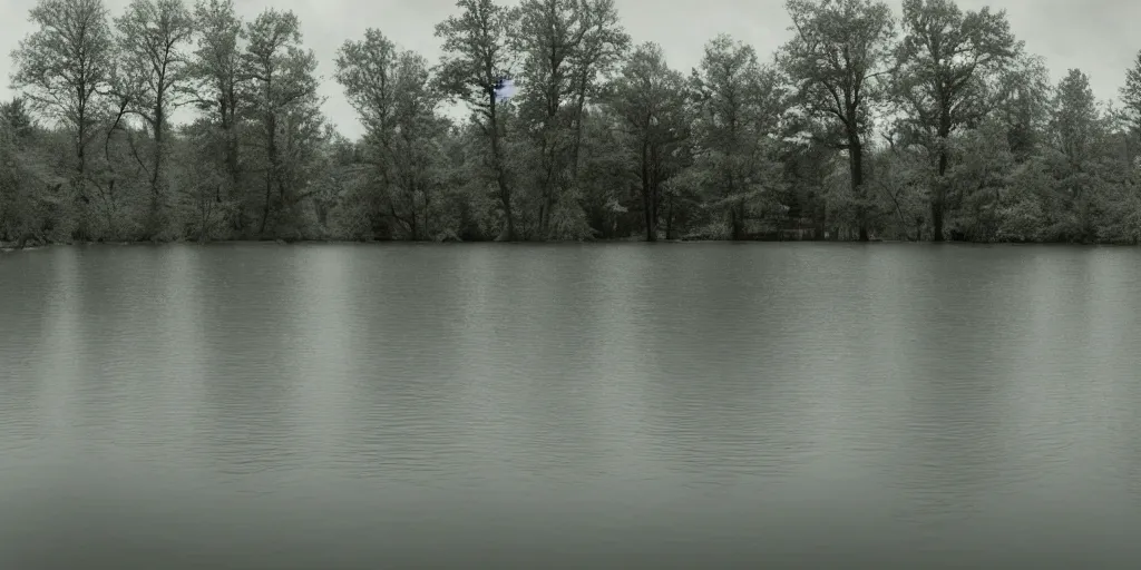 Image similar to centered photograph of a infintely long rope zig zagging across the surface of the water into the distance, floating submerged rope stretching out towards the center of the lake, a dark lake on a cloudy day, color film, trees in the background, hyper - detailed photo, anamorphic lens